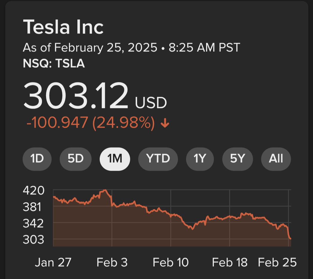 A graph of Tesla stock, showing the loss of almost 25% of its value over the past month.