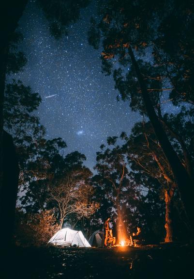Unsplash photo of a beautiful dark night in the forest. At the bottom we see a brightly burning campfire with a small family around it and a couple of tents nearby to the left. Up between the trees is a deep blue starfield with a streak that looks like a shooting star. Mood is people  enjoying a night out in Nature. 
Captioned, "person sitting near bonfire surrounded by trees / It was a cold winter’s night in Australia’s Blue Mountains region of New South Wales and we were told there was a meteor shower for the ages inbound. Set this shot up and while i’m not convinced the meteor shower was real, was more than happy to settle for a shooting star and a dwarf galaxy." 

Perry's Lookdown Campground, Blackheath, Australia. 
Dated 2017 Sep 08 
www.Unsplash.com/photos/person-sitting-near-bonfire-surrounded-by-trees-1azAjl8FTnU 

www.KronoMoon.org 🏳️‍🌈 ☮️ 
#KronoWatch