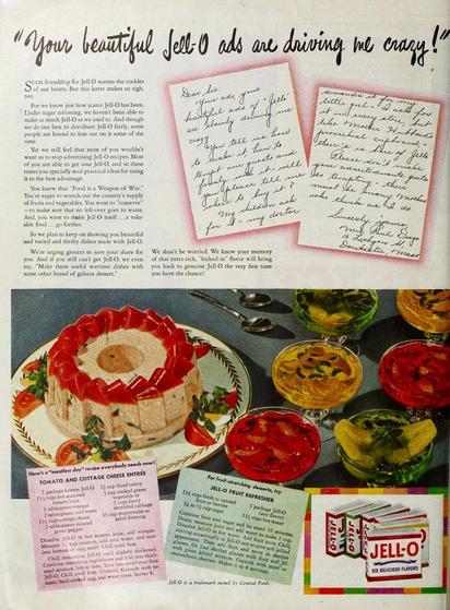 various Jell-o salads are seen. One is made with Tomato and Cottage cheese