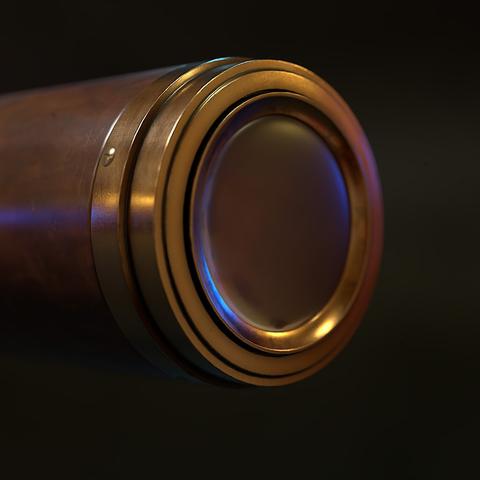 3D rendered close up of the optics of a Victorian British naval officer's telescope in brass and leather