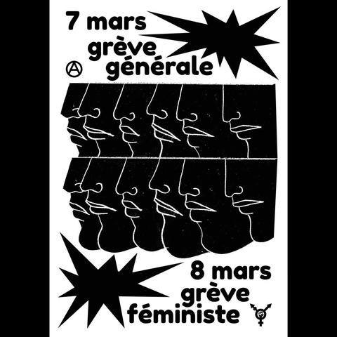 Affiche pour la grève générale et la grève féministe de mars 2023.