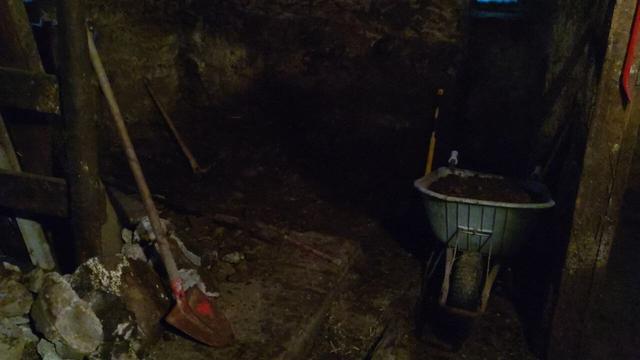 This image shows a dimly lit, rustic barn or stable with dirt-covered floors and aged, rough concrete walls. A shovel with a red blade leans against some rocks, and a wheelbarrow filled with soil is located nearby. Additional tools, including another shovel and a crowbar, are scattered around, indicating ongoing work and cleaning.