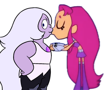 Starfire (Teen Titans Go!) and Amethyst (Steven Universe), kissing each other
