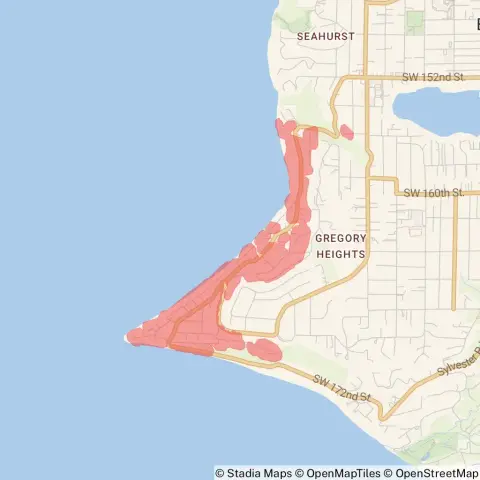 A map showing the location of the outage, centered around Maplewild Avenue Southwest in the Gregory Heights area of Burien.
