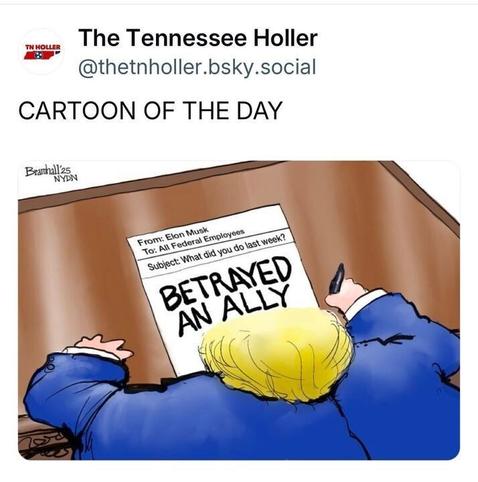 A political cartoon features a figure resembling former President Donald Trump sitting at a desk, writing a response to an email. The email appears to be from "Elon Musk" and is addressed to "All Federal Employees" with the subject line: "What did you do last week?" The response written in large, bold letters says, "BETRAYED AN ALLY." The cartoon is signed by the artist, Bramhall, and labeled as from the New York Daily News (NYDN). The image was shared by "The Tennessee Holler" with the caption "CARTOON OF THE DAY."