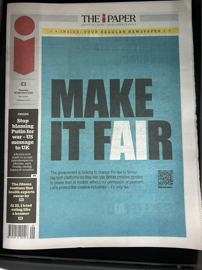 A newspaper front page, with the headline “Make it Fair” in black text, with the Ai in the word fair highlighted in white.
