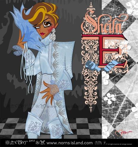 A reworking of the Sheila E. album cover for "Romance 1600", by illustrator Norn Cutson (RIP). The original cover is a photo of the artist wearing a sparkly embellished long blue jacket with matching pants, scarf, and high boots, kind of pirate-looking. Sheila has short hair, is wearing large earrings, and is holding a feathery-sparkly fan up to the side of their face. The right side of the cover has some embellished patterns with "Sheila" written in beige cursive font and "E" as a large red letter. Norn's artistic rendition is in the style of a digital caricature.