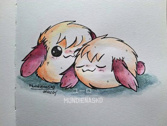 Two Paomon snuggling, one of them is sleeping.