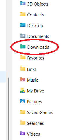 Cropped screenshot from Windows File Explorer showing several folders like Documents, Pictures, and others, with the Downloads folder near the middle of the picture. There is a red circle around the Downloads folder.