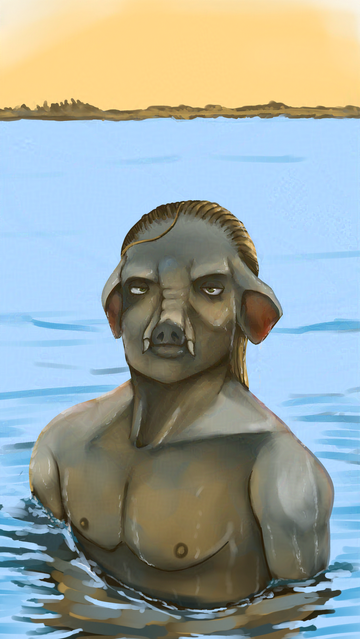 A man who is turning into an elephant is wading in a body of water