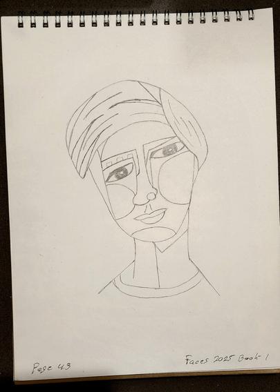 Photo of a page in a top-bound spiral sketchbook shows a hand drawn illustration in Cubism style by San Diego artist Steven Preston. The page shows a girl with short hair.

Hand written text at the bottom of the page reads, Page 43 Faces 2025 Book 1