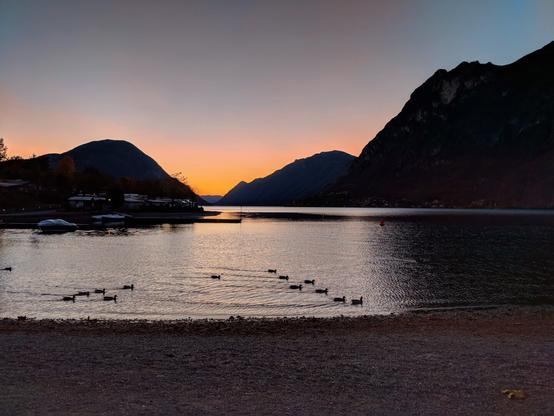 A scenic view of a calm Lake Lugano at dusk, with silhouetted mountains in the background, a row of ducks swimming in the water, and a pebbled shoreline in the foreground.