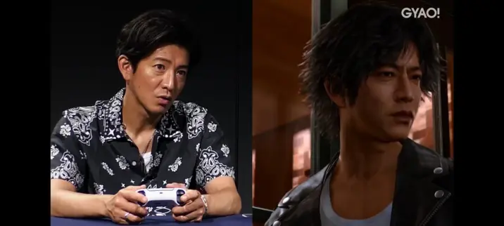 side by side profiles of kimura takuya and protag of judgment, takayuki yagmi. kimura-san is wearing a black collared shirt with white batik-like patterns on it