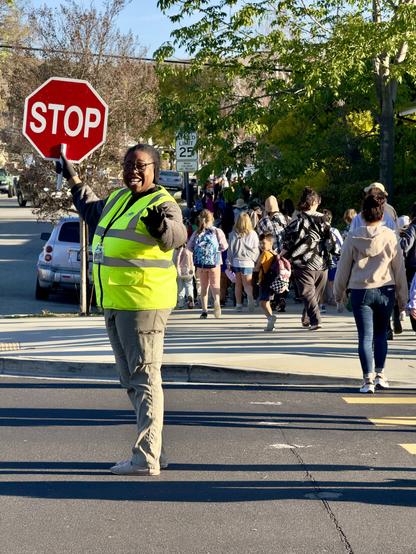 Crossing guard ensures Acacia students safety cross Gainsborough Road. The City of Thousand Oaks provides crossing guards to make sure kids safely get to and from school every day.