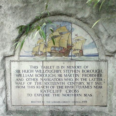 photo - This tablet is in memory of Sir Hugh Willoughby, Stephen Borough, William Borough, Sir Martin Frobisher and other navigators who in the latter half of the sixteenth century set sail from this reach of the River Thames near Ratcliff Cross to explore the northern seas; This unique Portland stone LCC tablet, featuring inset painted tiles depicting three galleons, was designed by the LCC architect G. Topham-Forrest. It is positioned in front of the round ventilator shaft of the Rotherhithe tunnel which is Grade II listed. The King Edward VII Memorial Park occupies the site of a fish market cleared during the construction of the tunnel.