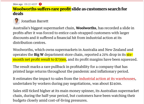 Grauniad story about how Woolworths did not make as much money as they have previously. In the six months to the end of the correct reporting period, their net profit was a mere $739 million.

It's fucking tragic is what it is.