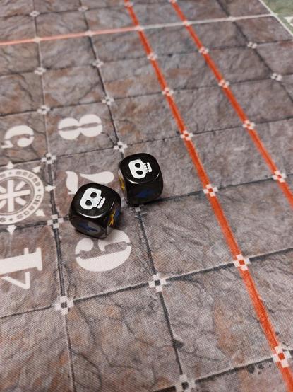 Blood bowl pitch with two block dice showing only skulls. This is a sight I got to see a lot!