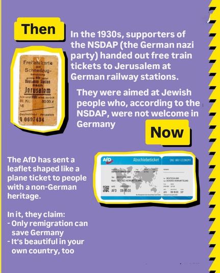 In the 1930s, the German nazi party NSDAP handed out free train tickets to Jerusalem at German railway stations, intended for "unwanted" Jews. Now German fascist party AfD sent "train tickets" to Germans with a migration background