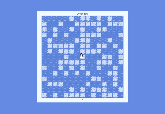 A grid of ice and water with a penguin on an iceberg. There is an Ocean: 53% at the top and the countdown is at 1 at the bottom. the grid is 15x15 and the art is pixel.