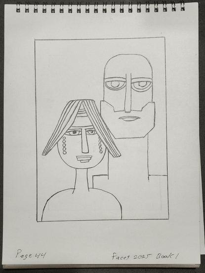 Photo of a page in a top-bound spiral sketchbook shows a hand drawn pencil sketch in Cubism style by San Diego artist Steven Preston of an elderly couple. 

Hand written text at the bottom of the page reads, Page 44 Faces 2025 Book 1