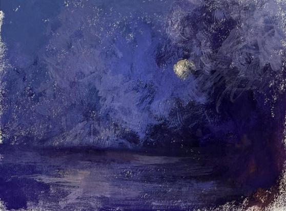 A small nocturnal painting of a moon and dark clouds over ocean. Textured.