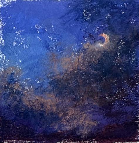 A small nocturnal painting of a crescent moon over horizon. Dark clouds tinted with salmon pink.