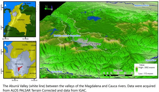 annonated maps - The Aburrá Valley (white line) between the valleys of the Magdalena and Cauca rivers. Data were acquired from ALOS PALSAR Terrain Corrected and data from IGAC.