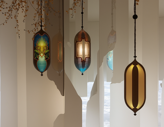 Decorative hanging lanterns, glowing, with intricate stained glass effect patterns , casting colorful glows and soft reflections in teal, amber, and gold tones, on a sculptured beige wall.