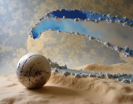A large stone ball engraved with cracks and nicks in a roughly spiral pattern, resting on sand, in a dreamlike landscape with several torn sections of stylized cloudy patterns layered together to create an abstract sky.