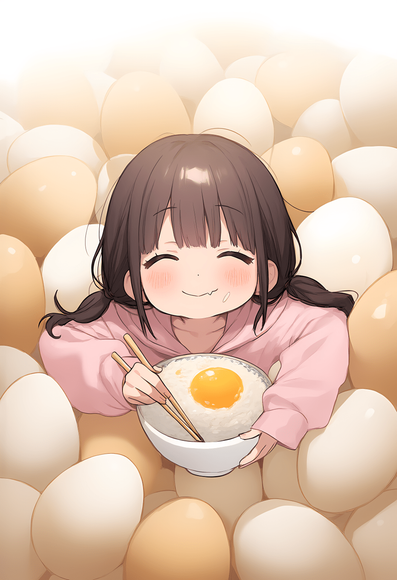 Anime girl surrounded by eggs while smiling. She herself has a bowl full of rice and a cracked raw egg on top of it and is enjoying her tamago kake gohan.
