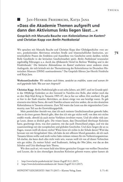 Erste Seite des gedruckten Interviews: Jan-­Henrik Friedrichs, Katja Jana, »Dass die Akademie Themen aufgreift und dann den Aktivismus links liegen lässt …« Gespräch mit Manuela Bauche von Kolonialismus im Kasten? und Christian Kopp von Berlin Postkolonial