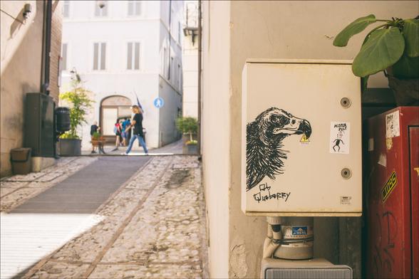 Foto di un vicolo spoletino con il disegno di un'aquila dello street artist ObQueberry, mentre sullo sfondo passano delle persone.