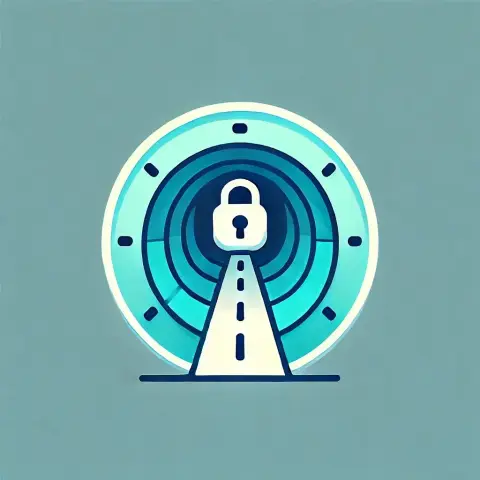 VPN-Tunnel - dargestellt als Kreis. Im Inneren kleiner werdende Kreise mit einer Straße, die am Ende zu einem Sicherheitsschloss führt.