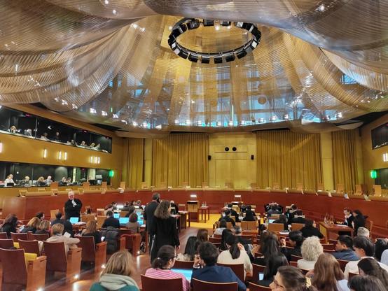 @pierostrada In un'ampia sala di tribunale, un gruppo di persone siede in file di sedie, apparentemente in attesa o durante un procedimento. Un uomo in toga scura si trova di fronte a loro, probabilmente un giudice o un avvocato. Sullo sfondo, si vedono file di persone sedute su una balconata rialzata. Il soffitto della sala è decorato con un'elaborata struttura metallica e un anello di luci.

Fornito da @altbot, generato utilizzando Gemini