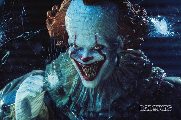 Pennywise breaking glass window. His expression is an evil smile with lots of teeth