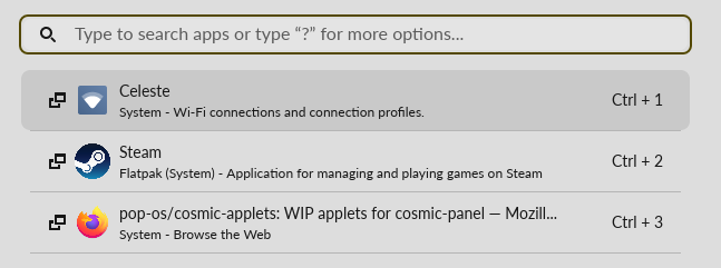 COSMIC Desktop launcher listing Celeste as an app to manage wi-fi connections and connection profiles, with Wi-Fi icon as the app icon.