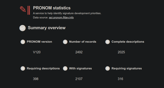 Screenshot of pronom.ffdev.info with the version number correctly updated after yesterday's release.