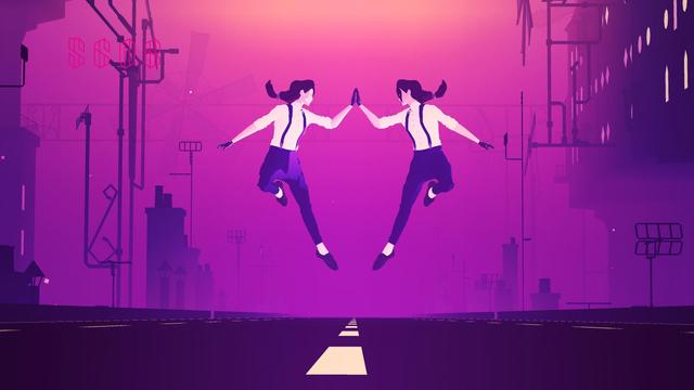 A screenshot I took in the video game Sayonara Wild Hearts. It shows the two counterparts of the protagonist during the "Parallel Universe" section of the game high-fiving mid-air. It's also my favorite section of the game.