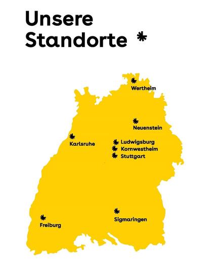 Karte von Baden-Württemberg mit den Standorten des Landesarchivs: Wertheim, Neuenstein, Karlsruhe, Ludwigsburg, Kornwestheim, Stuttgart, Freiburg, Sigmaringen
