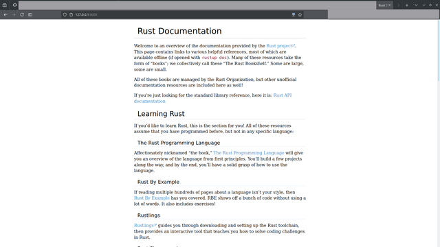 Rust documentation hosted by a python webserver, displayed in Firefox