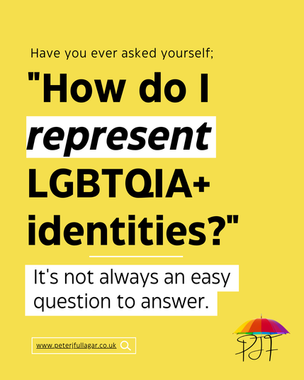 Yellow background with text saying Have you ever asked yourself how do I represent LGBTQIA+ identities? It's not always an easy question to answer. Bottom left has logo of Peter, with initials PJF and a rainbow umbrella, along with web address www.peterjfullagar.co.uk