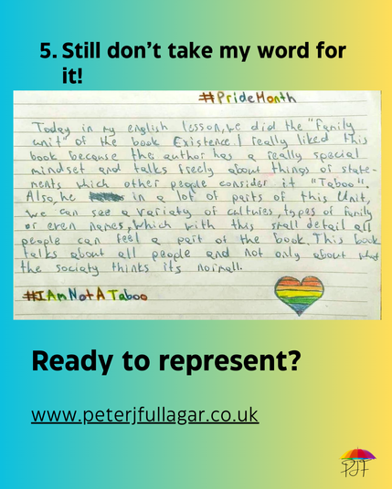 5 Still don't take my word for it! Image of review from student saying Today in my English lesson, we did the family unit of the book Existence. I really liked this book because the author has a really special mindset and talks freely about things or statements which other people consider taboo. Also, in a lot of parts of the this unit we can see a variety of cultures, types of family or even names, which with this small detail all people can feel a part of the book. This book talks about all people and not only about what the society thinks is normal.
Text saying ready to represent? Repeat of web address.