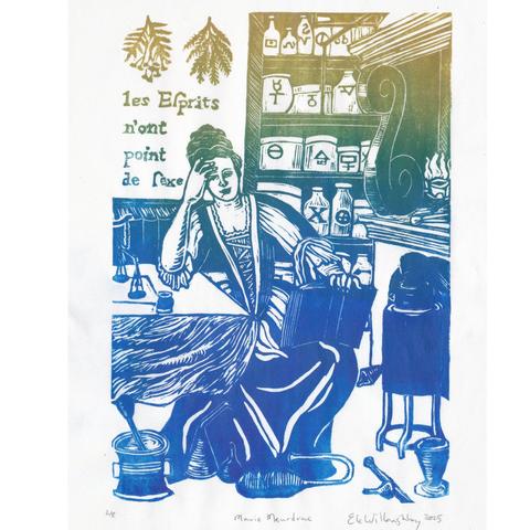 My linocut portrait of Marie Meurdrac in her laboratory is printed on 11” x 14” white Japanese paper in a gradient of dark blue at the bottom to gold at the top. A 17th century lady in a dress with hair piled on top of her head is leaning on a table with head resting on one hand as she reads a book. She is surrounded by tools of her trade like vessels of various shapes, scales and has shelves of jars with alchemical symbols on them. There is text, carved in reverse with elongated s’s with a quotation, ‘Les Esprits n’ont point de sexe’ (or minds have no sexe… that is, one’s sex is irrelevant to the ability to think and learn). There are medicinal plants (rosemary and tansy) hanging above her. In the furnace are flames, tongs and crucible.