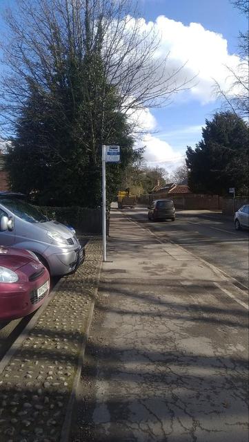 Bus stop flag against outside edge of the cycleway, raised bus platform against inside (carriageway) edge