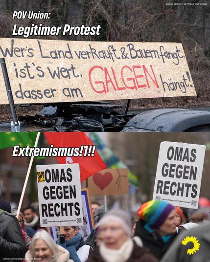 Auf dem Motiv sind zwei Bilder von Protesten zu erkennen. Das obere zeicht einen Traktor-Anhänger, auf dem ein großes Holzschild angebracht ist. Darauf steht in Handschrift: "Wer's Land verkauft und Bauern fängt, ist's wert dass er am Galgen hängt!" Das untere Bild zeigt die Organisation "Omas gegen Rechts" mit anderen Menschen auf einer Demonstration. Über dem oberen Bild steht in weißer Schrift: "POV Union: Legitimer Protest", auf dem unteren Bild "Extremismus!1!!"