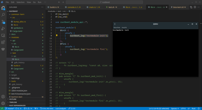 Screenshot of vscodium containing the elf module's rust code amd a QEMU window showing the output to demonstrate that it can indeed load & execute the module.