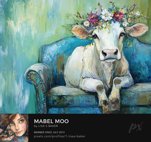 An art print of a beautiful white cow with a floral crown lounging on a blue couch. Art by Lisa S Baker.