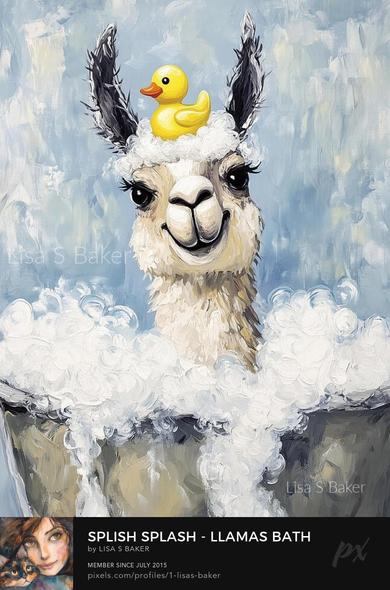 An art print of a llama taking a bubble bath with a rubber ducky on top of it's head. Art by Lisa S Baker.