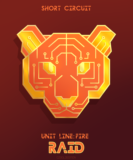 Design for an enamel pin made to look like an orange printed circuit board (PCB) in the shape of a tiger's face. Text on the image says: "Short Circuit", "Unit Line: Fire", and "RAID".
