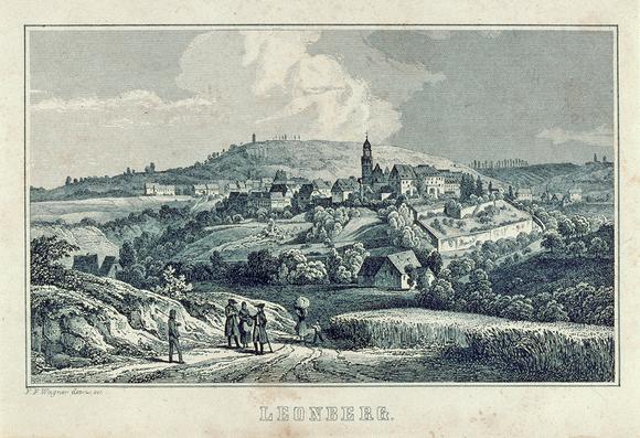 Lithographie mit einer Landschaftsansicht der Stadt Leonberg.